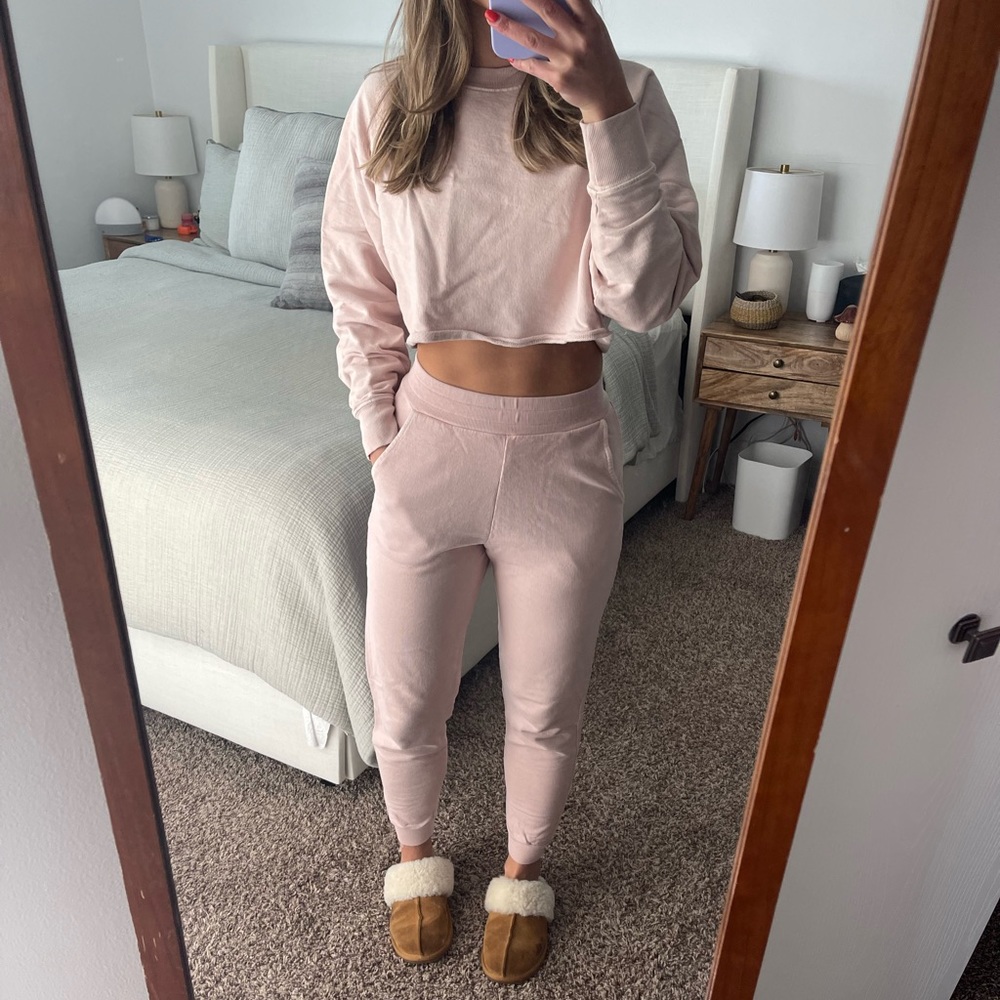 Shop Tan + Lines pink lounge set.